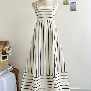 TEMU 여성용 블랙 앤 화이트 캐미솔 롱 드레스, 백 보우 허리 묶는 드레스, 봄/가을/여름 캐주얼 바캉스 드레스