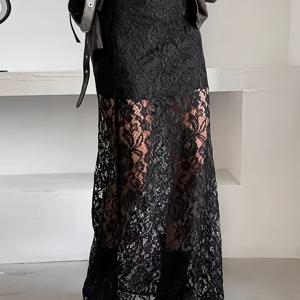 TEMU 우아한 레이스 패널 반투명 맥시 스커트 - 단색 롱드레스, 적당한 신축성, 봄 여름 가을 웨딩 파티 일상복 - 세탁기 사용 가능 스커트 NS702