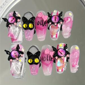 TEMU 10개 세트 도파민 컬러 팔레트의 긴 발레 모양 핸드메이드 프레스온 네일, 귀여운 고양이, 나비, 요정, 얼음 투명 사각 라인스톤과 핸드페인팅 하트와 글자가 포함. 파티, 댄스, 데이트, 학생, 직장인에게 적합한 풀커버 네일. 재사용 가능한 프레스온 디자인, 젤리 글루와 네일 파일 포함