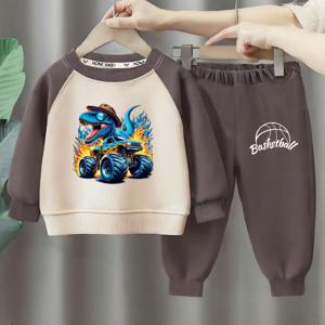 TEMU 봄/가을 키즈 세트, 패션 공룡 프린트 남아용 스플라이스드 후디와 조거팬츠 2피스 2025 신상 원넥크로우지 긴팔 풀오버 의류, 야외활동에 완벽