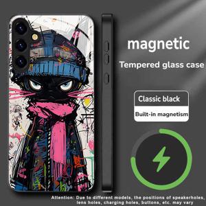 TEMU 휴대폰 케이스 - 마그네틱 플로우 검은 고양이 디자인 강화 유리 폰 케이스, 삼성 갤럭시 노트20/S20/S21/S22/S23/S24/S25/ 플러스 울트라 FE 호환, 트렌디한 고품질 보호 쉘 선물