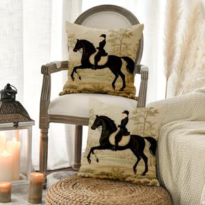 TEMU 지퍼형 커버 2개 세트, 크기 18 X 18인치, 베이지색 꽃이 있는 스타일리시한 검은 말 기사 디자인, 양면 프린트, 침실, 거실, 소파 등을 꾸미기에 완벽합니다. 베개 속통은 포함되어 있지 않습니다.