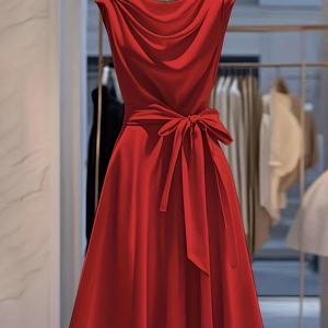 TEMU 홀터넥 드레스, 스칼렙 헴 A라인 드레스, 리본 벨트, 미디 기장 드레스, 여성용 민소매 파티 드레스, 이브닝 가운, 시상식 나이트 드레스, 게스트 드레스, 포멀 졸업 댄스 드레스, 설날 드레스, 드롭 넥라인 드레스, 홀터넥