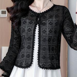 TEMU A4694 여성용 블랙 오픈워크 가디건, 중국풍 단추 잠금장치, 우아하고 편안하며 활용도 높은 아우터웨어, 여성 코트, 성인 의류