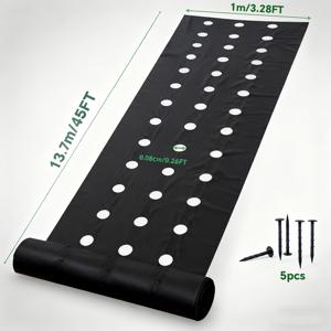 TEMU 3홀 UV 안정화 이중 레이어 펜트레이드 잡초 방지 시트 | 검정색 부직포 통기성 투과성 접지재 | 강력한 잡초 억제제/5개 접지 못에 세트 (1M X 13.7M) - 과수원/채소/토마토/허브 정원용