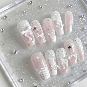 TEMU 10개 핑크 그린 산뜻한 작은 리본 체크 무늬 별 로맨틱 사랑스러운 탈착식 네일 참