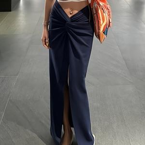 TEMU 1327 하이웨이스트 슬릿 스커트 여성용, 네이비 블루 플로우리 롱 스커트, 오피스 시크 스타일 우아한 스커트