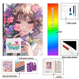 TEMU Owo Art, 귀여운 꽃 요정, 완벽한 페인팅 키트, 눈부신 , AB , 도팅용 요정 먼지 포함, 100% 레진 , 플록 원단, 심볼 스티커 포함, 박스 포장