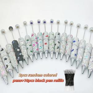 TEMU 13개 풀 비드 볼펜 - 비드 반짝이는 문구 학생 창의적인 선물 펜. 비드 펜 3개와 검은색 잉크 교체용 펜심 10개 포함. 작은 문구 선물에 적합