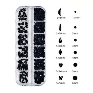 TEMU 2026 신제품 블랙 네일 아트 라인스톤 세트: 12개 불규칙 플랫백 라인스톤, 블랙 라운드 비드 유리석 주얼리, 집게와 크레용 포함, 네일, 얼굴, 눈, 메이크업 테크닉에 적합