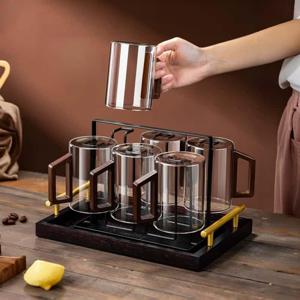 TEMU [1+1 세트] 우드 핸들 내열 유리컵 머그컵 | 튼튼한 보로실리케이트 소재 투명 물컵 2개입 세트