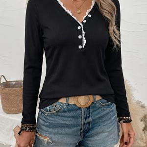 TEMU 2026 봄/여름 레이스 패치워크 브이넥 허리 슬림핏 우아한 캐주얼 활용도 높은 블랙 패셔너블 긴팔 티셔츠, 우아하고 시크한 니트웨어