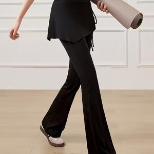 TEMU 여성용 요가 팬츠 2-in-1 룩 하이웨이스트 플레어 피트니스 팬츠, 사이드 드로스트링과 엉덩이 커버가 있는 새로운 스타일의 트레이닝 스포츠 긴 바지|치마바지