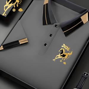 TEMU 갑자년; 사방에서 부를 상징하는 황금 말; 프린팅 남성용 속건성 반팔 셔츠, 가벼운 셔츠, 기계 세탁 가능, 사계절용, 비즈니스/캐주얼/골프웨어 (크리스마스/새해/선물), Ide