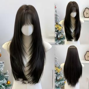 TEMU 26인치 블랙 가발, 롱 헤어 및 앞머리, 모든 사람에게 적합, 할로윈, 크리스마스 파티, 데일리 사진에 완벽, 데이트에 다용도로 활용 가능, 부드럽고 편안한 착용감 제공