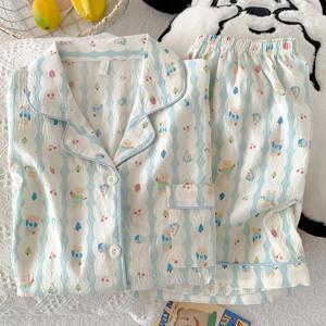 TEMU 만화 곰돌이 패턴 여성용 반팔 라펠 가디건 및 파자마 세트 여름 버튼업 상의 및 반바지, 부드럽고 편안한 캐주얼 아시아 사이즈 라운지웨어 (가정 및 야외용)