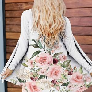TEMU 여성용 플로랄 프린트 오픈 프론트 가디건 - 핑크 장미 & 그린 잎사귀 디자인, 캐주얼 시크 긴팔 스웨터, 봄/가을 레이어링 피스, 일상 및 홈 아웃팅용, 편안한 핏, 부드러운 소재, 통기성 좋은 원단, 트렌디한 스타일, 패션