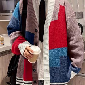 TEMU 남성 캐주얼 V넥 카디건, 기하학적 패턴, 100% 폴리에스터 니트 원단, 비대칭 디자인, 중간 스트레치, 레귤러 핏 - 가을/겨울 컬렉션