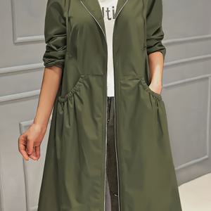 TEMU 플러스 사이즈 - 플러스 사이즈 - 인기 있는 여성용 오버사이즈 단색 긴팔 후드 드로스트링 집업 긴 트렌치 코트 (포켓 포함)