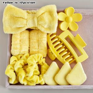 TEMU 12개 여성용 멀티컬러 가을/겨울 플란넬 워시 헤어 밴드 벨벳 대형 링 미끄럼 방지 머리 클로 삼각 파우더 조합 세트 일상적인 워시 스파 요가 운동 메이크업 얼굴 세척 여성 액세서리에 적합한 헤어 스타일링 도구 세트