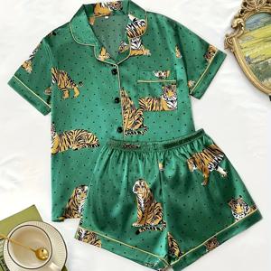 TEMU 동물 프린트 새틴 파자마 세트, 여성용 칼라 버튼업 셔츠와 반바지 수면복