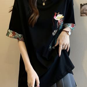 TEMU 여름용 신상 중국풍 여성용 반팔 티셔츠, 라운드넥 자수 아트 디자인, 니치 루즈 캐주얼 다용도 상의