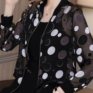 TEMU 여성용 경량 여름 보호 베이스볼 재킷 - 긴 소매 반투명 기하학 도트 디자인, 루즈핏 캐주얼 사이클링 및 야외 썬 코트 지퍼 프론트, 통기성 원단