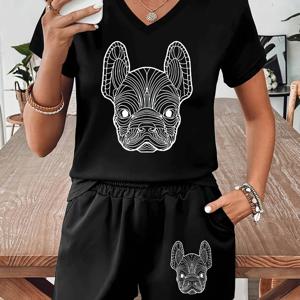 TEMU 여성용 여름 캐주얼 폴리에스터 스판덱스 블랙 애프리콧 핑크 동물 프린트 V넥 반팔 반바지 세트 2pcs