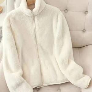 TEMU +2025 가을/겨울 단색 지퍼업 레귤러 핏 재킷, 여성용 엘레강스 인조 코트