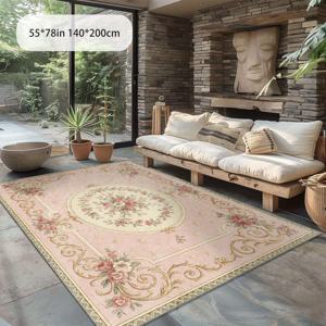 TEMU 유럽 스타일 빈티지 라이트 핑크 패턴 야외 러그 1개. 플러시 벨벳 소재, 1제곱미터당 850그램 무게, 미끄럼 방지 도트 플라스틱 뒷면. 세척 용이, 세탁기 사용 가능, 파티오, 피크닉에 적합