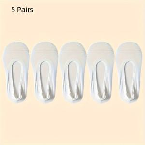 TEMU 여성용 여름 통기성 노쇼 양말 5켤레 - 실리콘 그립 미끄럼 방지 디자인, 일상 캐주얼용 솔리드 화이트, 세탁기 사용 가능 - 그녀를 위한 이상적인 선물, 미끄럼 방지 신발, 은밀한 양말