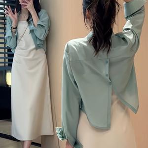 TEMU 여성용 우아한 오피스 캐주얼 폴로 칼라 백슬릿 가벼운 셔츠/롱 슬리브 블라우스, 학생 봄 여름 가을 출근 패션 페티트 숏 아우터웨어 탑