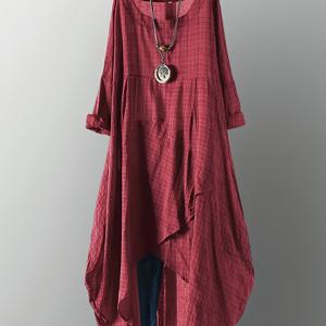 TEMU 빈티지 라운드넥 드레스 - 비대칭 밑단 미디 길이 스커트 드레스, 통기성 그리드, 세탁기 사용 가능 레트로 웨딩 세미포멀 의상