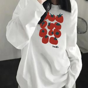 TEMU 여성용 오버사이즈 Y2K 토마토 프린트 긴팔 티셔츠 - 화이트에 레드 토마토 & 잎 디자인, 루즈핏 라운드넥 탑, 봄 여름 가을 캐주얼 & 세미포멀 블라우스, 손세탁 가능, 중간 신축성, 우아하고 편안함, 화이트 베이스에 레드 토마토 패턴, Y2K 감성, 레이어링 필수, 릴랙스드 핏, 스타일, 레이어링에 적합, 여성 패션, 긴팔 블라우스