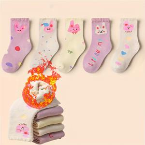 TEMU 여름/겨울용 여아 양말 5켤레, 두꺼운 플러시 소재, 귀여운 토끼 모양, 아기용 중간 길이