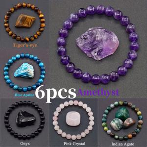 TEMU 6개 세트 수제 천연 스톤 비즈 팔찌 - 천연 스타일 - 타이거스 아이, 블루 아벤투린, 로즈 쿼츠, 옵시디언, 인디언 아게이트 포함 - 남녀 공용 일상용 스피리추얼 주얼리