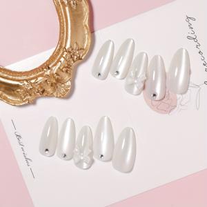 TEMU 24개 흰색 고양이 눈 포인트 라인스톤 아몬드 모양 네일, 리본 장식, 달콤하고 멋진 풀 커버 인조 손톱, 여성 및 데일리 사용에 적합: 프레스온 인조 손톱