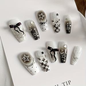 TEMU 스위트 & 스파이시 스타 보우 스위트 & 쿨 배드 큐트 분리형 누르는 타입 네일 패치 10개, 젤리 글루 및 네일 파일 포함