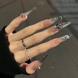 TEMU 롱 페이크 네일 30pcs 아몬드형 프레스온 네일, 블랙 그라데이션 3D 플래시드릴 리본 여성용 네일, 일상 생활용 재사용 가능