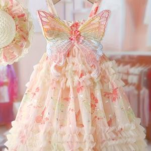 TEMU 3D 장식 여아 원피스 여름 캐미솔 멀티 레이어 플리츠 메쉬 원피스 보우노트 프린트 패션 공주 드레스 아동용 공연용 가운