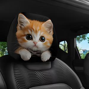 TEMU 귀여운 큰 눈의 주황색 고양이 프린트 자동차 머리 받침대 커버 2개, 자동차 내장재, 부드럽고 편안함, 신축성 있는 디자인, 간편한 설치 및 탈착, 커플 자동차 여행에 적합, 친척과 친구들에게 선물하기에 완벽함
