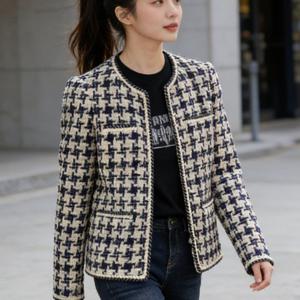 TEMU 여성 오피스룩 데일리 봄가을 트위드 체크 숏자켓 라운드넥 슬림핏 포켓 디테일 데일리 우아한 슬림소녀 SLIM GIRL