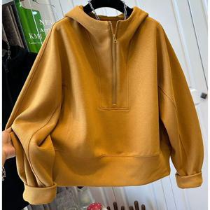 TEMU 솔리드 컬러 하프 지퍼 후드 루즈 스웨터 여성 스포츠 탑 플러스 사이즈