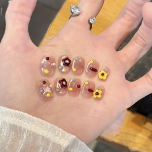TEMU 10개입 핑크 블러쉬 옴브레 캣아이 귀여운 카툰 젤리 텍스처 인조네일, 컬러풀 비즈 & 작은 꽃 장식, 반짝이는 광택 데일리 데이트용 네일