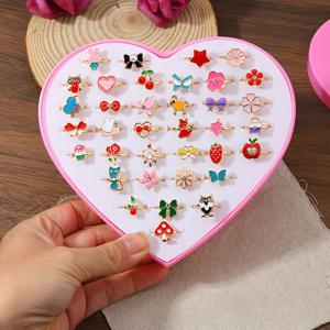 TEMU 여아를 위한 귀여운 하트 모양 에나멜 반지 36개 세트, 만화 디자인, 공주 테마 선물로 완벽