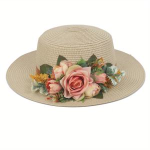 TEMU 여성용 수제 꽃무늬 평면 종이짚 모자 솔리드 컬러 우아한 여행 비치 선캡