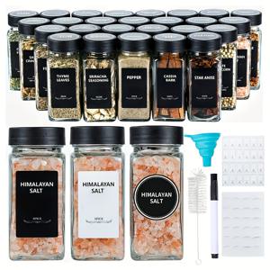 TEMU 라벨이 있는 사각 유리 향신료 병 12/24개입, 4온스 빈 조미료 용기, 쉐이커 뚜껑과 밀봉 플라스틱 캡 포함, 실리콘 접이식 깔때기, 향신료 라벨, 마커 포함, 주방 용품