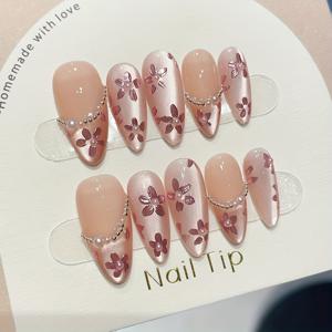 TEMU 우아하고 로맨틱한 10pcs 핸드메이드 프레스온 네일 키트, 핑크 풀 커버리지 인조 손톱, 꽃무늬 디자인, 탈부착 가능 & 재사용 가능, 젤리 글루 1개 + 네일 파일 1개 포함, 여성용 데일리/오피스/발렌타인데이 선물