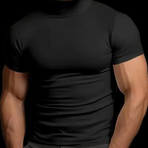 TEMU 남성용 슬림핏 반팔 스탠드 칼라 티셔츠 - 피트니스 및 야외 활동에 적합, 통기성 폴리에스터-스판덱스 혼방, 단색, 여름에 이상적