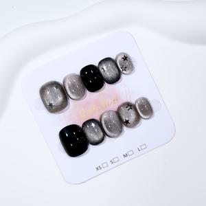 TEMU 핸드메이드 블랙 실버리 스타 비즈 캣아이 스위트 쿨 Y2K 스머디 웨어 네일 10개 세트, 여성용 데일리 데이트 숏 스퀘어 탈부착식 인조 손톱 선물용